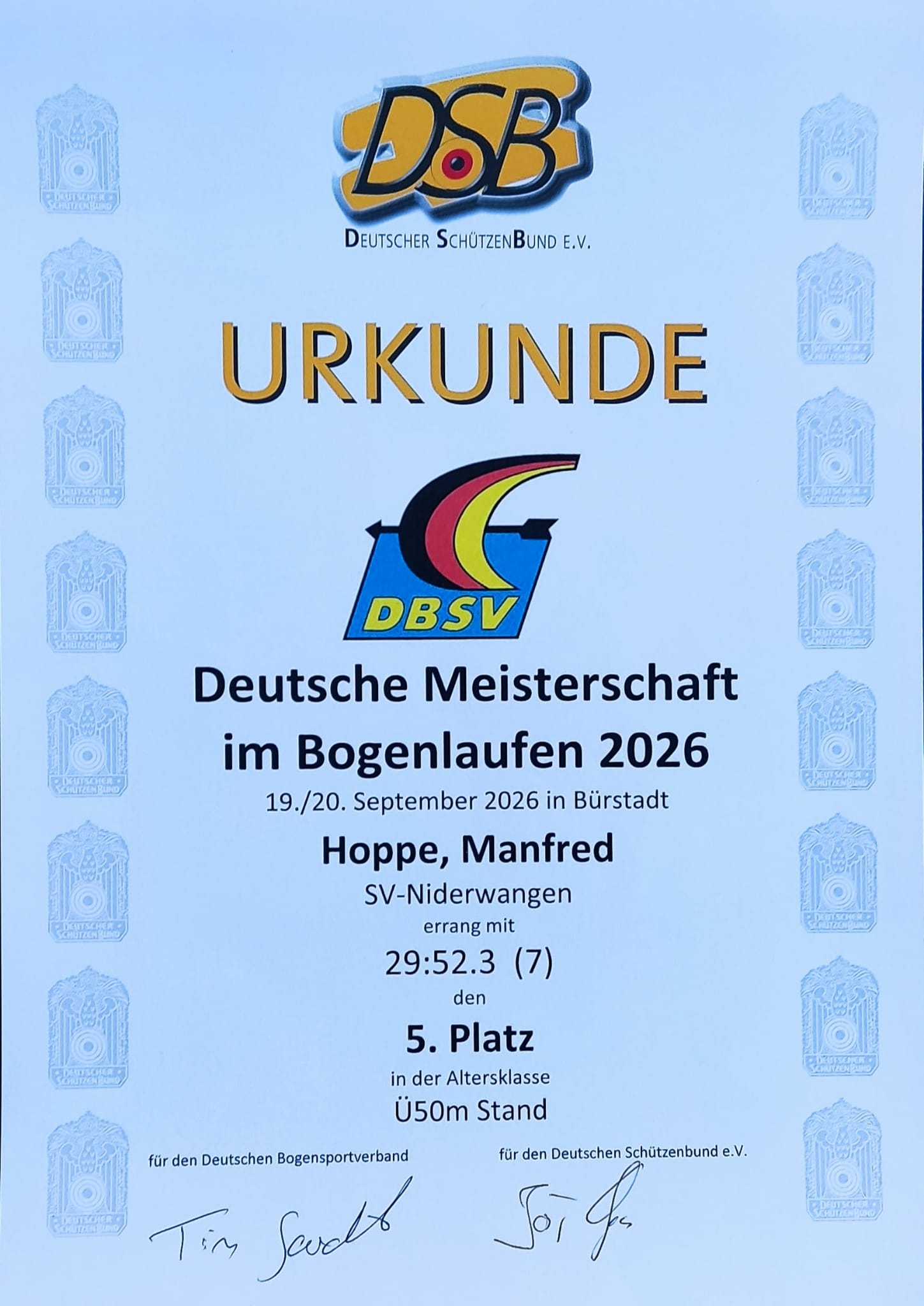 Urkunde von Manfred Hoppe – 5. Platz bei der Deutschen Meisterschaft im Bogenlaufen 2026